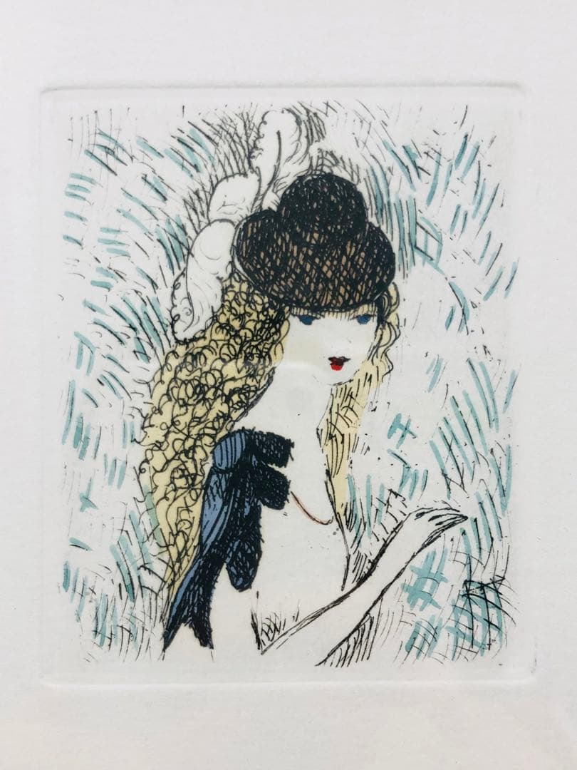 マリーローランサン 茶色い髪の少女 小さな絵画 エッチング 額縁つき