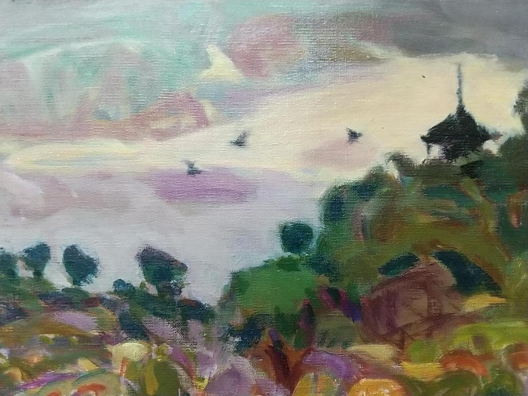 油絵「里」さと 1975 F8 油彩画 絵画 風景画 アート