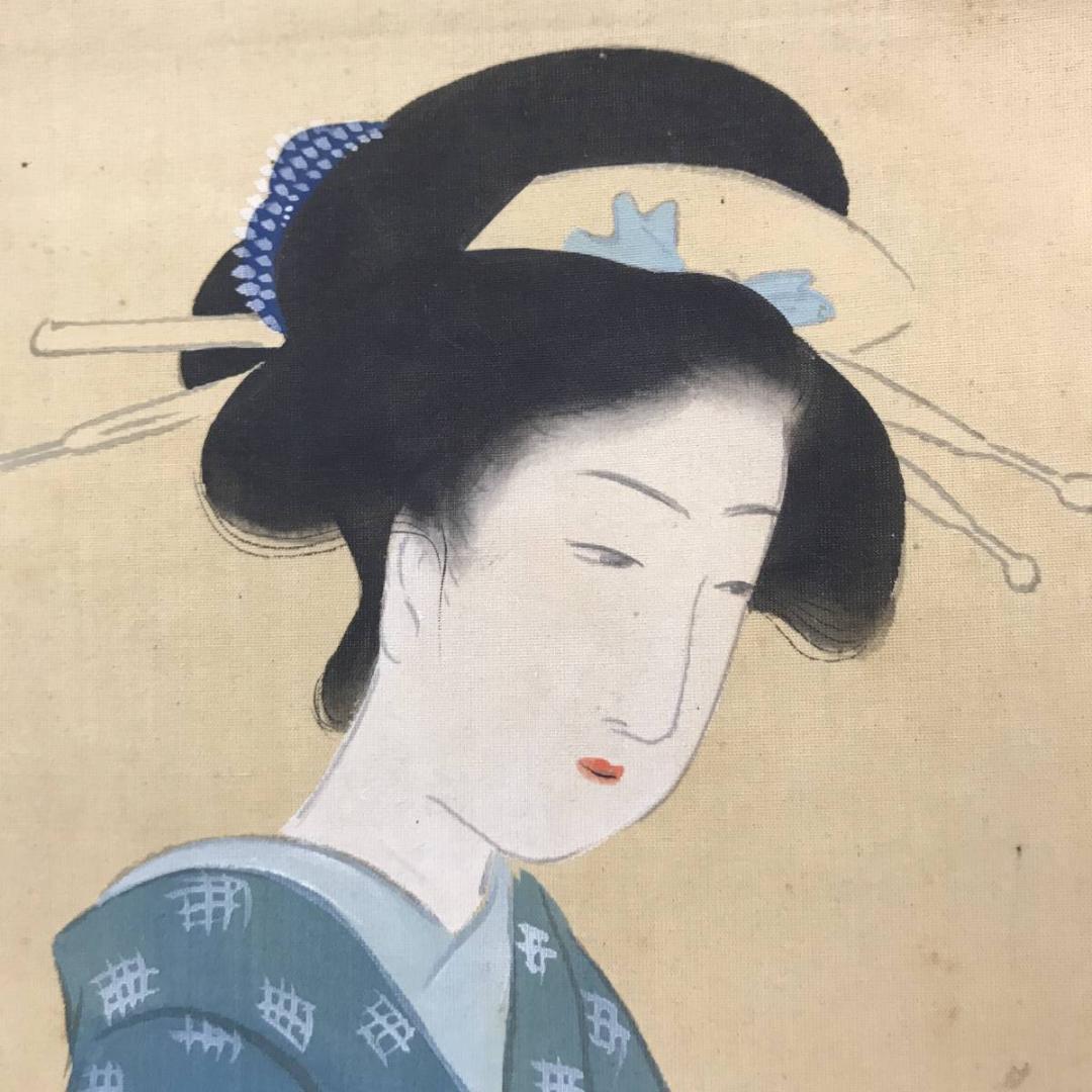 【真作】蕉圃/舟中美人図/美人画/掛軸/名家伝来/AC-175