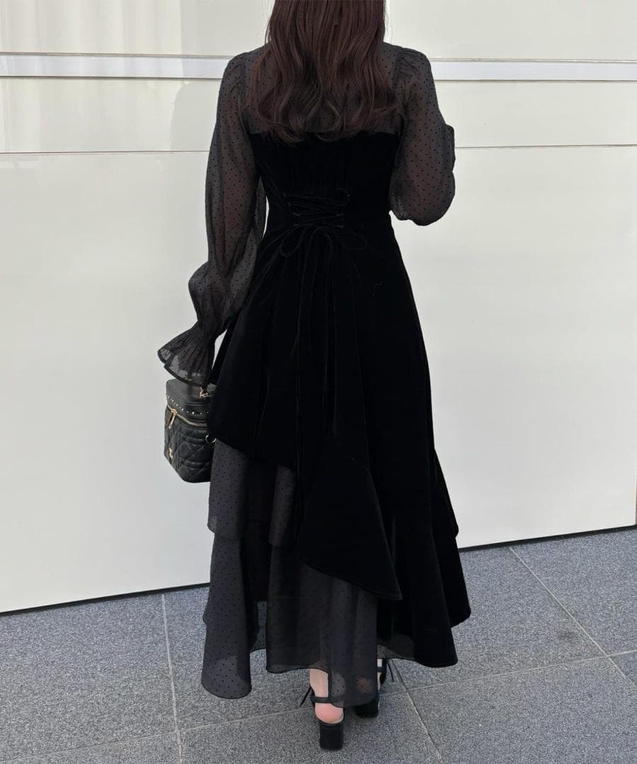 新品 NICE CLAUP オケージョン ベロアリボン異素材ロングワンピース