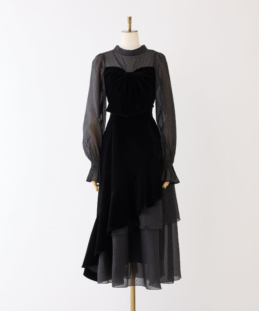 新品 NICE CLAUP オケージョン ベロアリボン異素材ロングワンピース