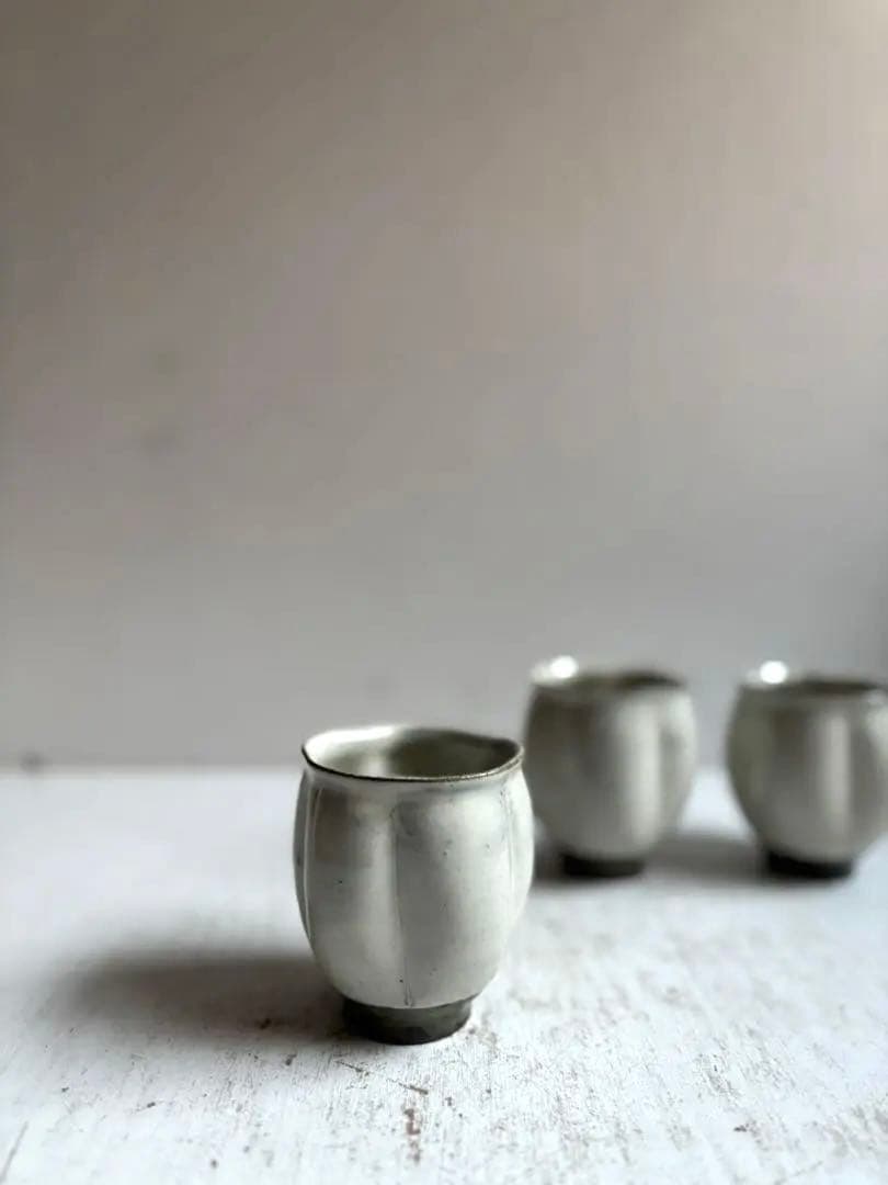 777 民芸 民陶 唐津焼 中里隆 粉引 瓜型湯呑み 3点組 美品