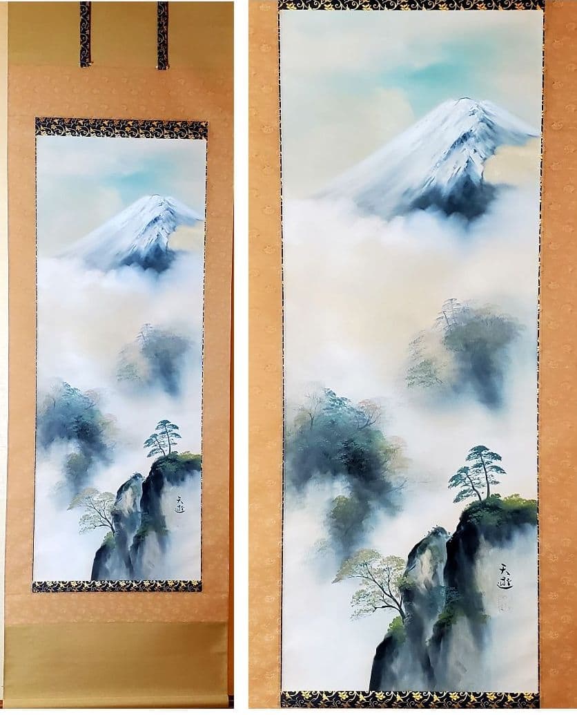 小山天遊作 富峰風景図 縁起物 富士 掛軸 タトウ 共箱 鑑定保証書 金泥