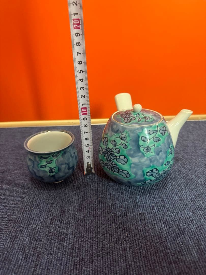 1716  源右衛門窯　青彩菊絵　茶器セット　急須1客　湯呑5客　未使用