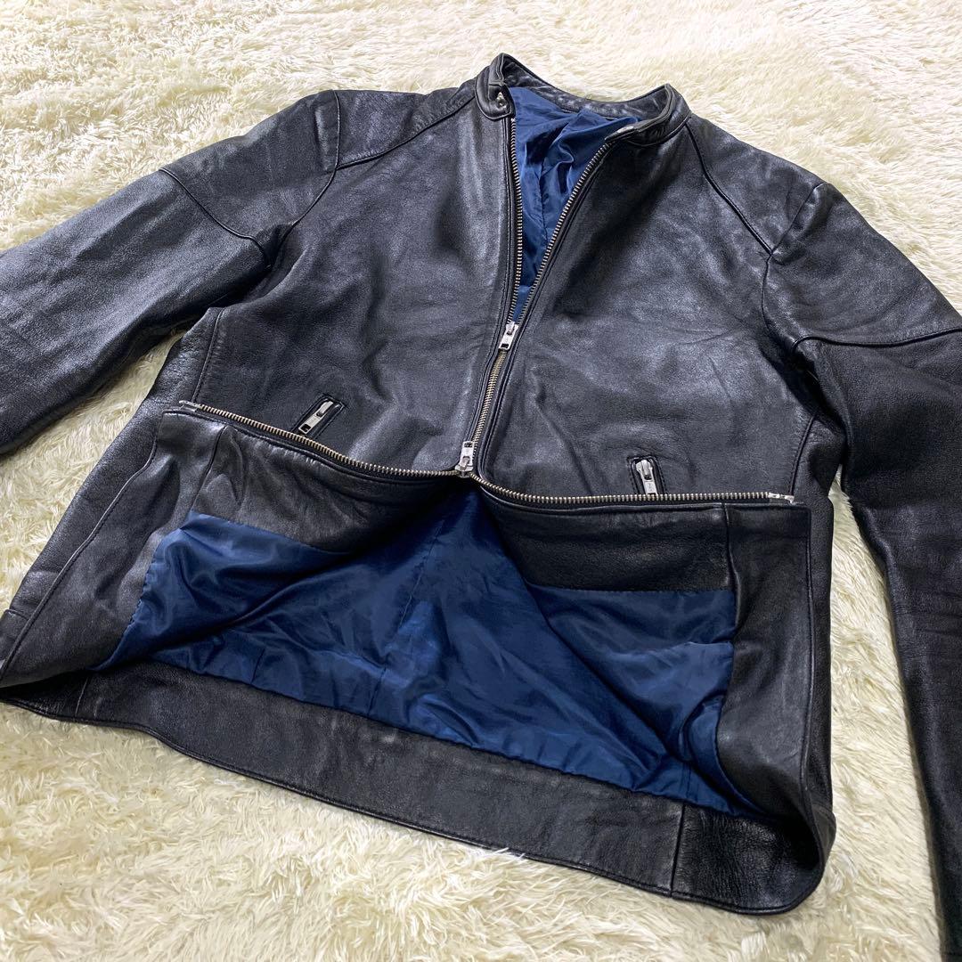 美品 タケオキクチ シングルライダースジャケット 黒 裏地ブルー