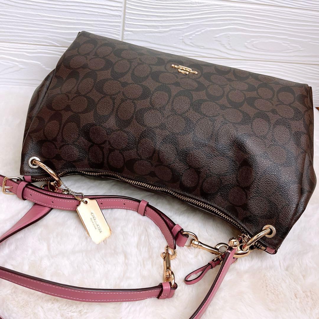 美品☆COACHコーチ 2wayショルダーバッグ ブラウンピンク シグネチャー