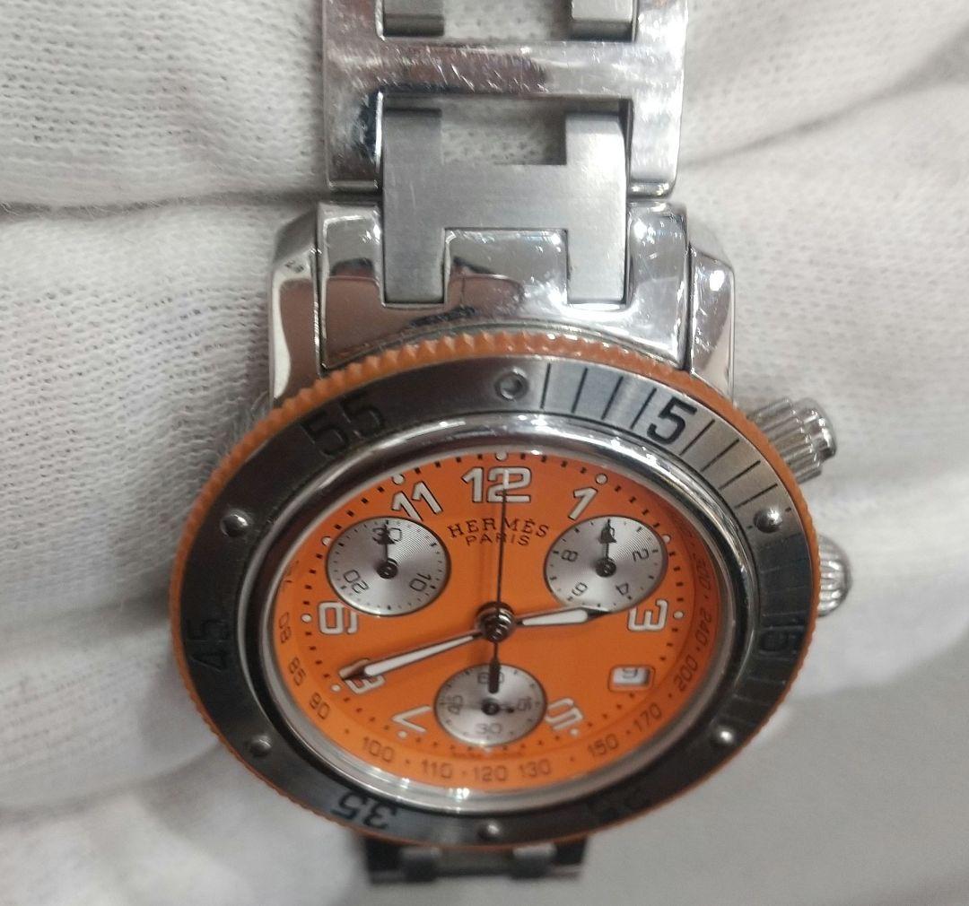 良品 エルメス クリッパー メンズ 腕時計 オレンジ 電池交換済み