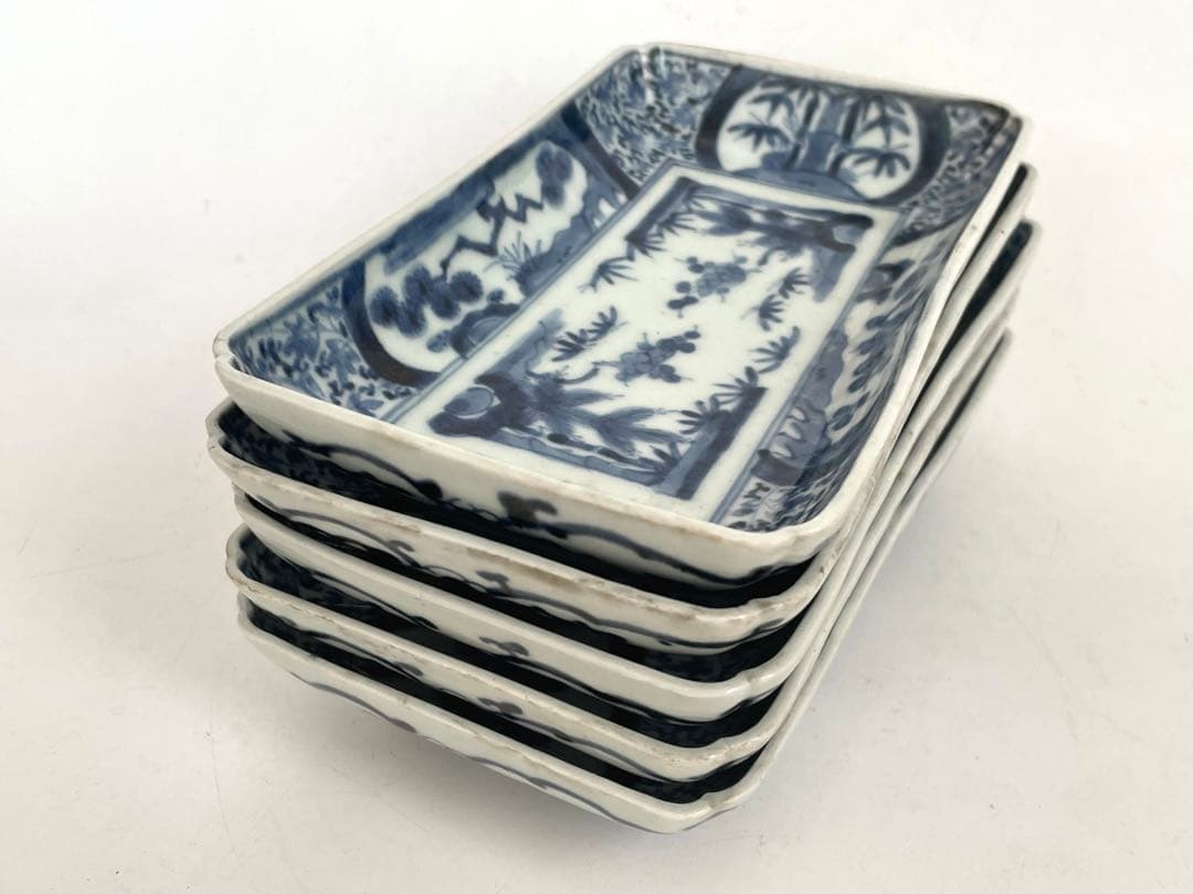 骨董 アンティーク 古伊万里 染付 松竹梅図 長方皿 長皿 鮎皿 向