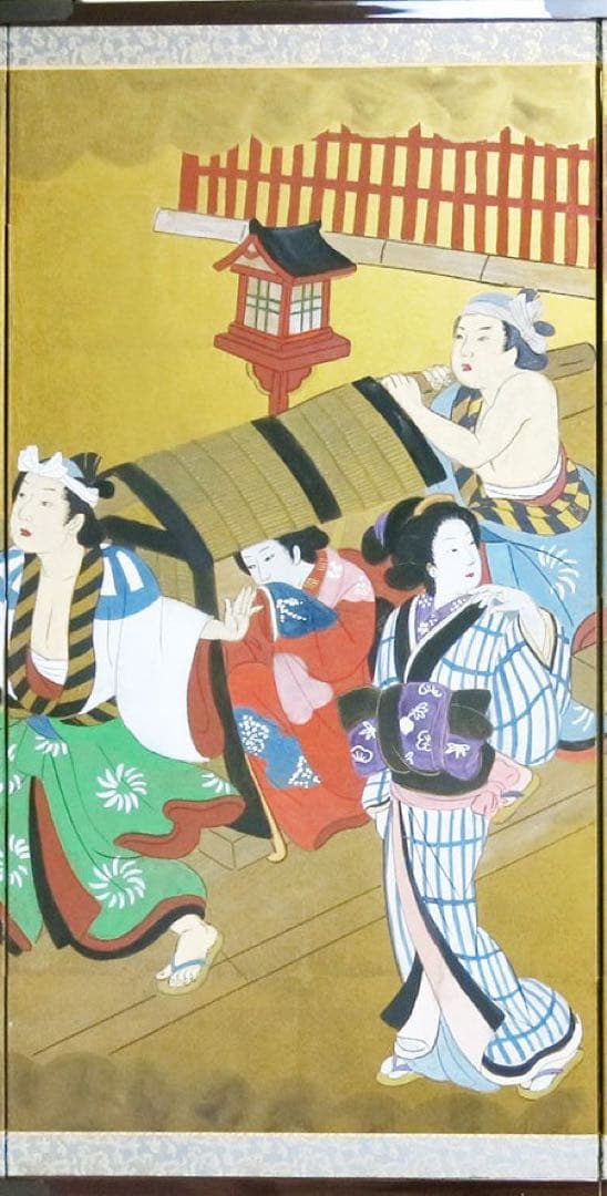 四つ折り屏風　日本画　金箔彩色　花見遊山