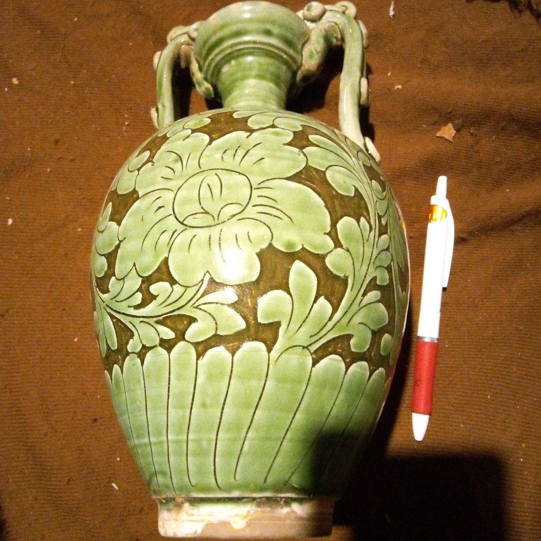 中国陶磁器 宋磁州窯 浮掘緑壺 中国宋代・陶磁器の名窯の