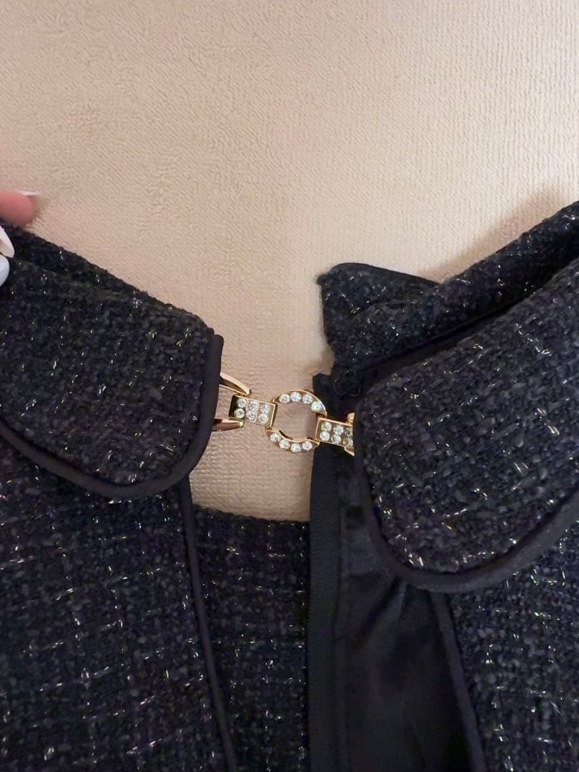 黒 ツイード風 ミニドレス ジッパー付き