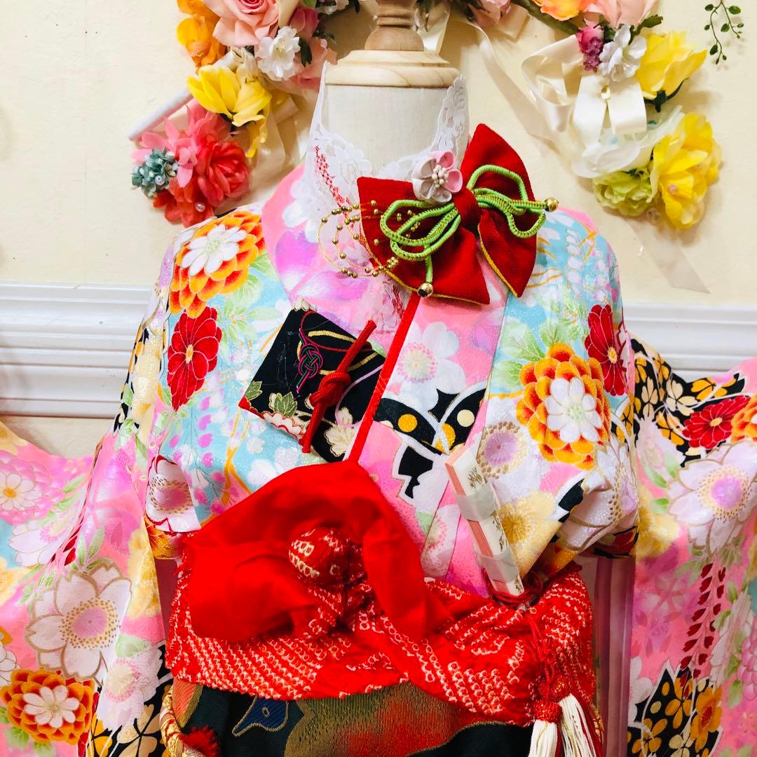 七五三七歳❣️四つ身着物未使用⭐︎薄ピンク花々金彩煌びやか絢爛⭐︎完全フルセット銘品
