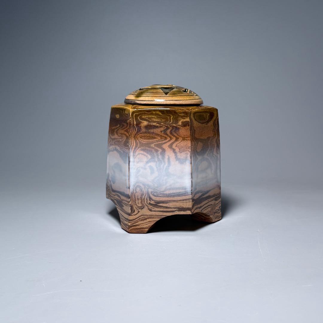 萩焼　陶芸作家　大和努　作　萩練込香炉　共箱　共布　栞　未使用品　茶道具　保男