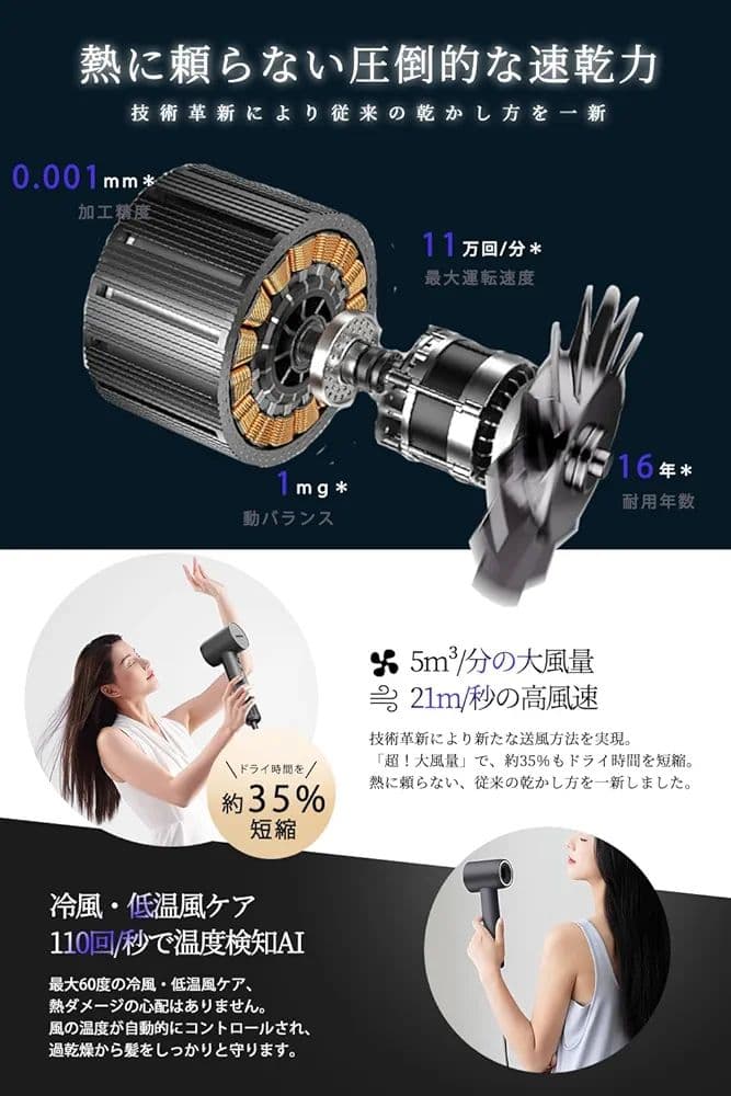 NISSYO ドライヤー 速乾 大風量 マイナスイオン 美髪 ノズル付 グレー