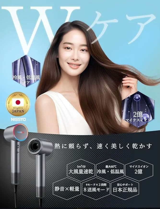 NISSYO ドライヤー 速乾 大風量 マイナスイオン 美髪 ノズル付 グレー
