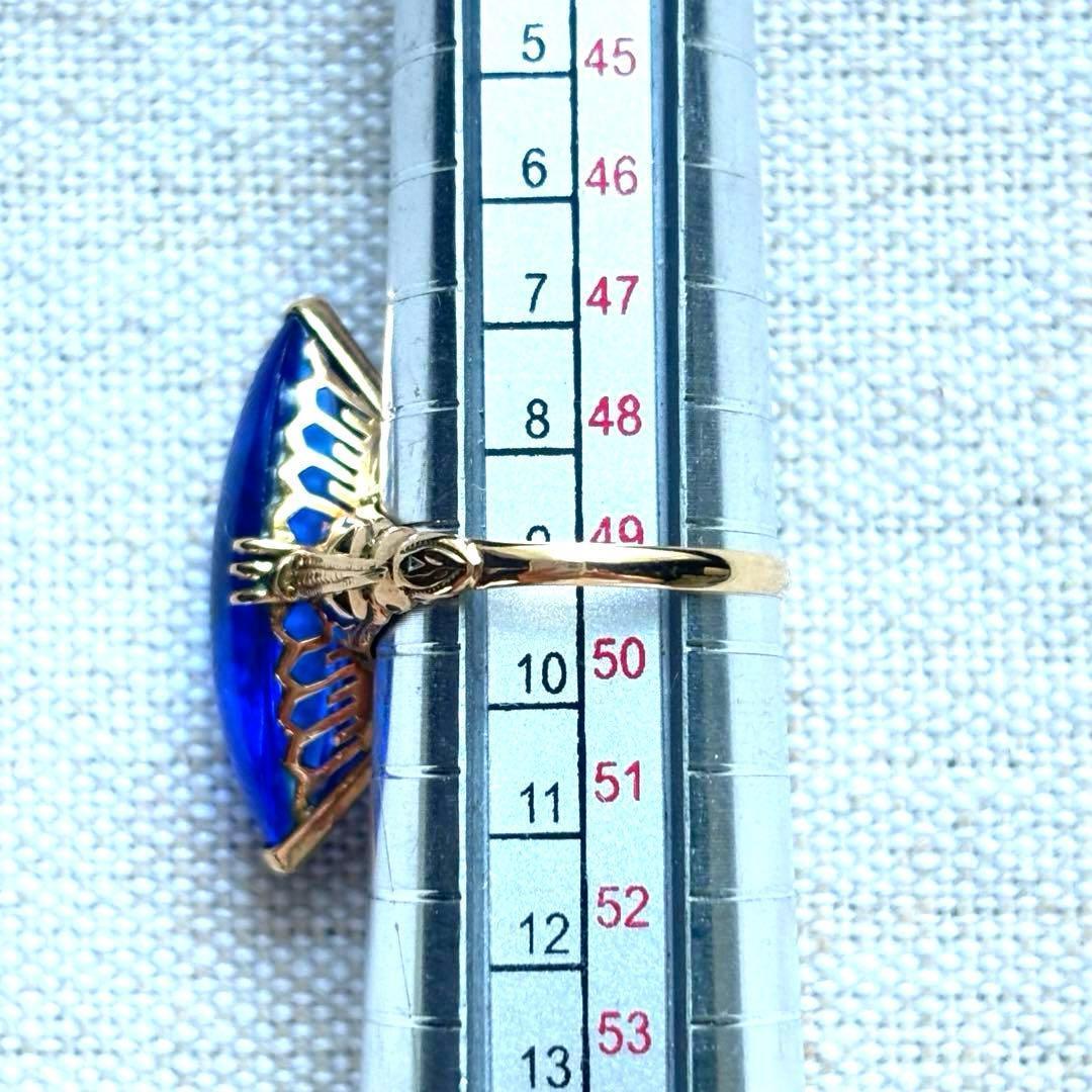 大幅値下げ K18 ゴールド 王冠透かし ブルー カボション リング 指輪