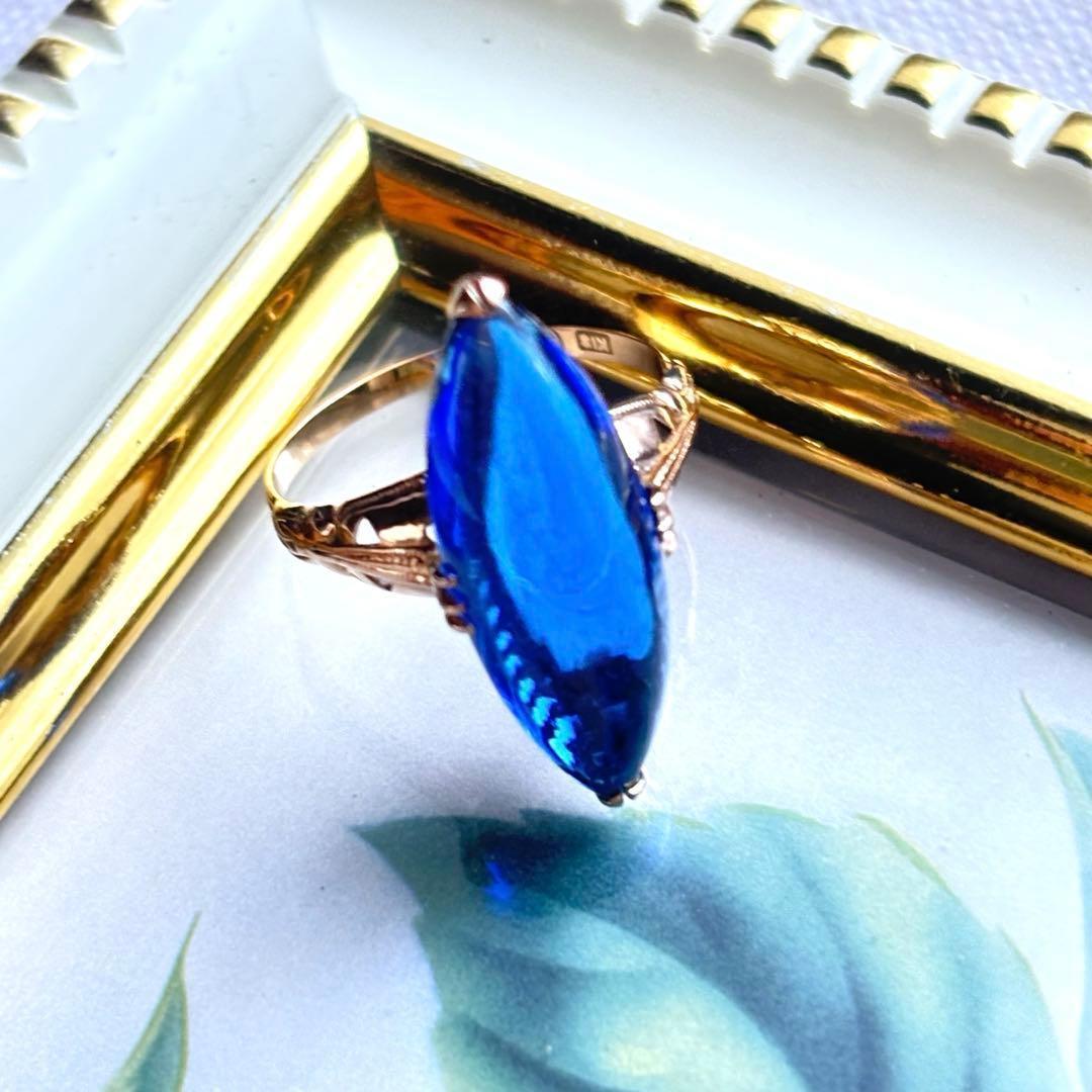 大幅値下げ K18 ゴールド 王冠透かし ブルー カボション リング 指輪