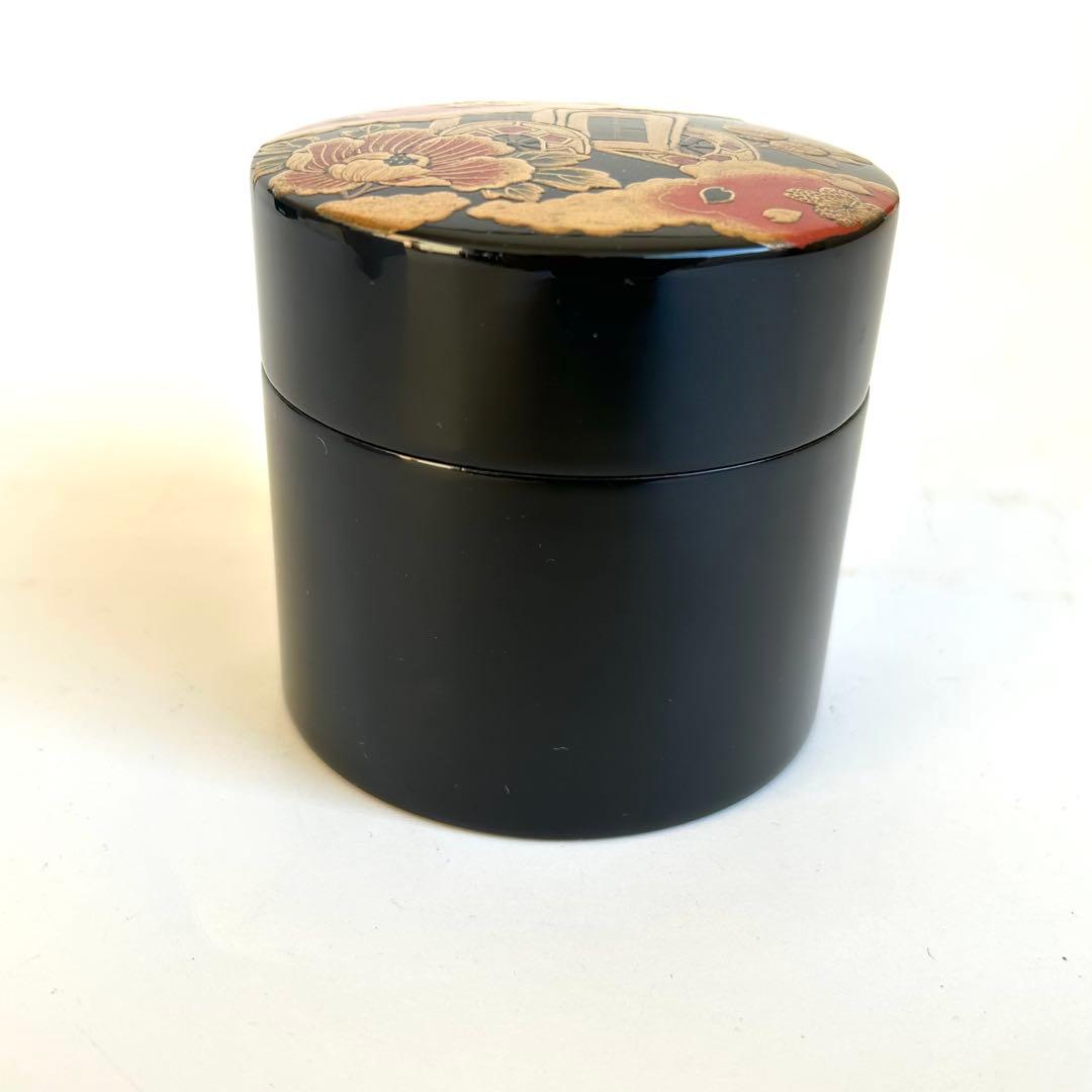 【美品.希少】漆器　茶筒　茶器　茶道具　木製　漆塗 蒔絵　螺鈿 御所車 小