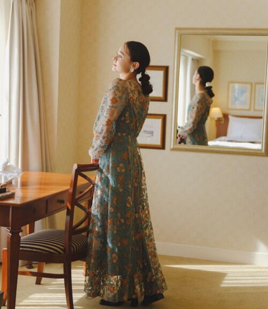 Kastane オケージョン ドレス 結婚式 ワンピース　グリーン　花柄　M