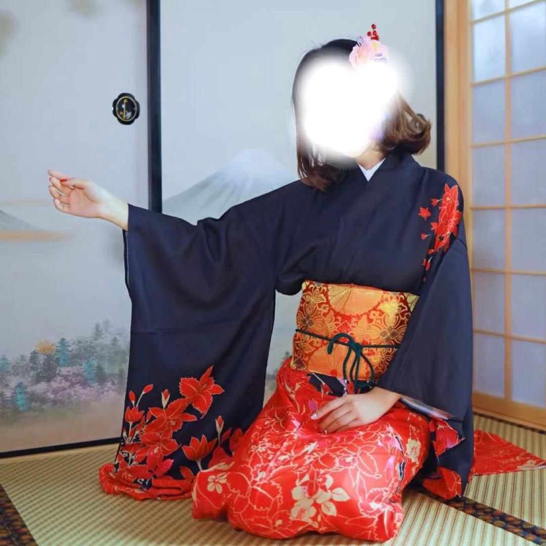 振袖セット着物mzy黒赤ブラックレッド成人式卒業式正月 大人気，高品質
