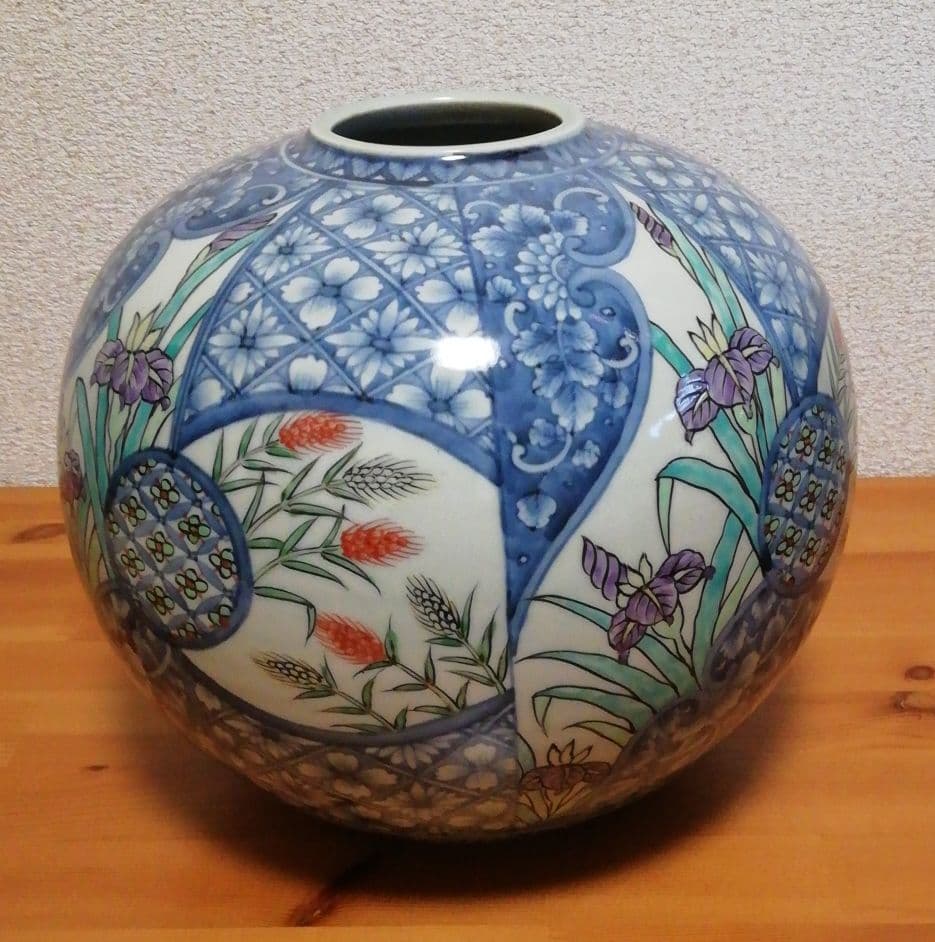 六代 佐藤走波作 染錦 あやめ麦文 壺 共箱 花瓶 C99864