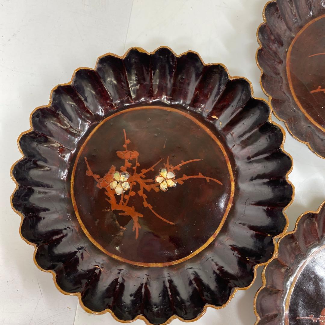 唐物　木製　螺鈿　菊割皿5客　幅約13.2㎝　トトウ　東さ7-1124☆2F