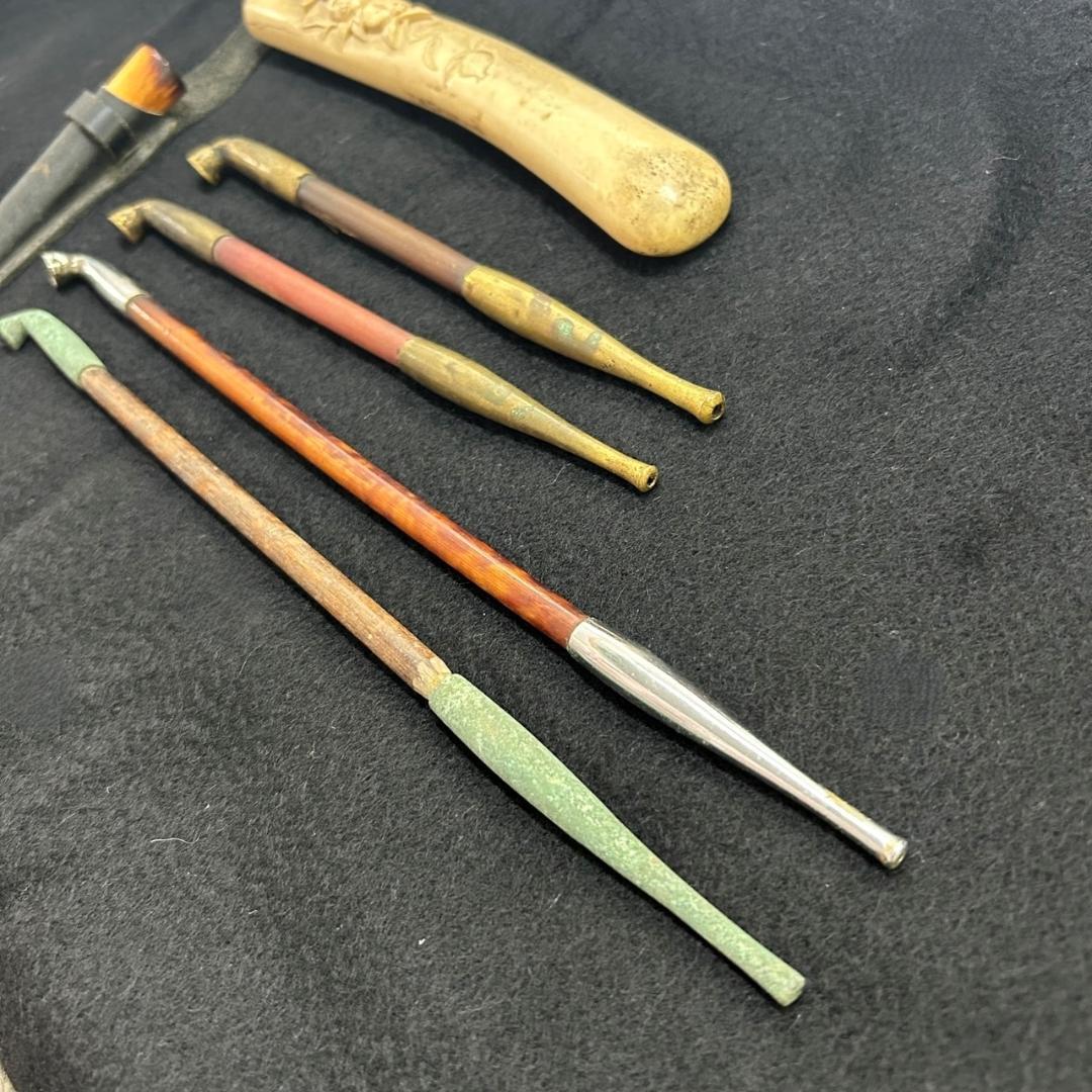 アンティーク 煙管 キセルセット 骨彫刻 革ケース 真鍮製 レトロ 喫煙