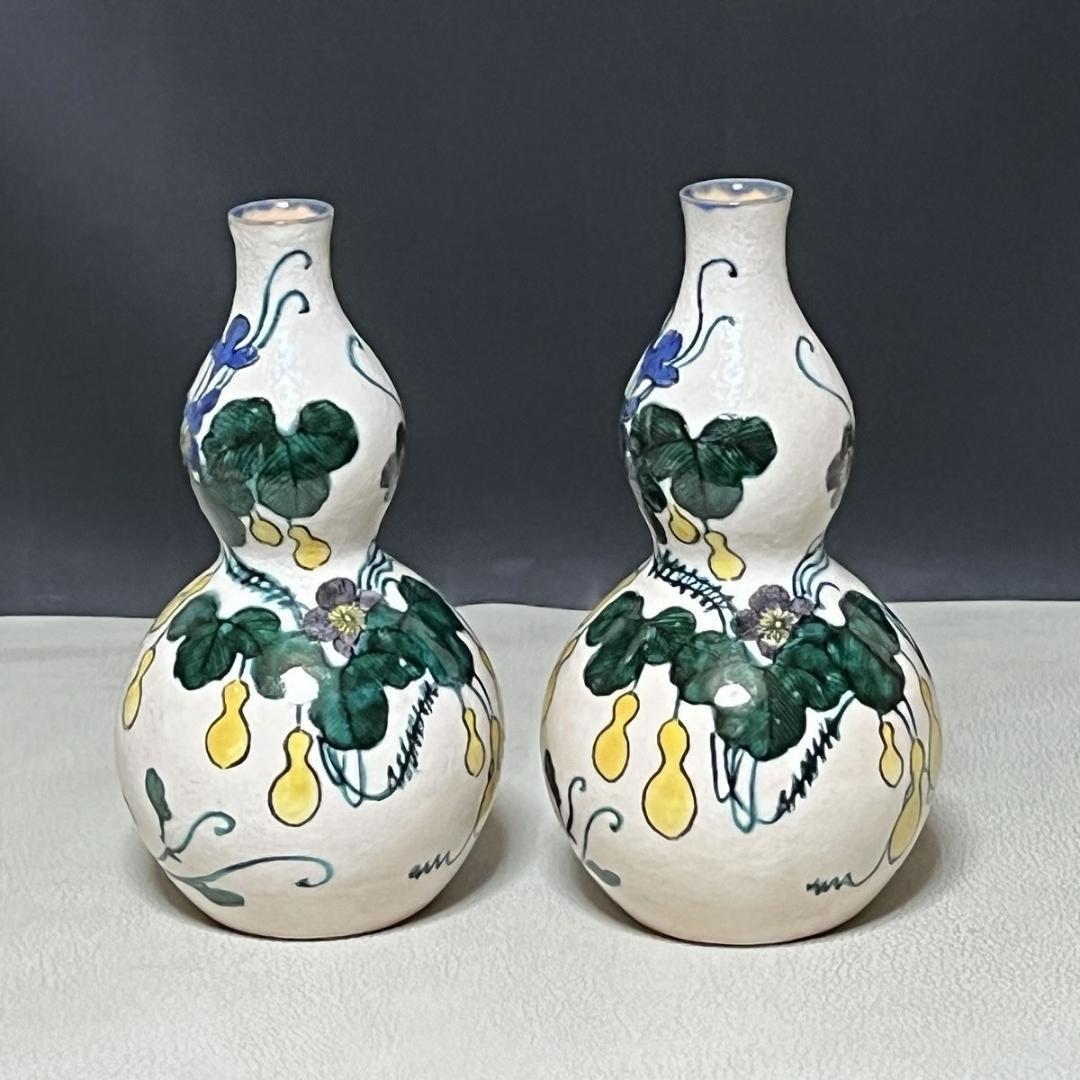 須田菁華 九谷 色絵 瓢徳利 花器 一対 共箱 酒器 【k3280】