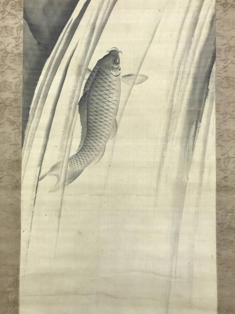 真作/中島来章/鯉図/コイ図/登龍門/滝に鯉図/花鳥