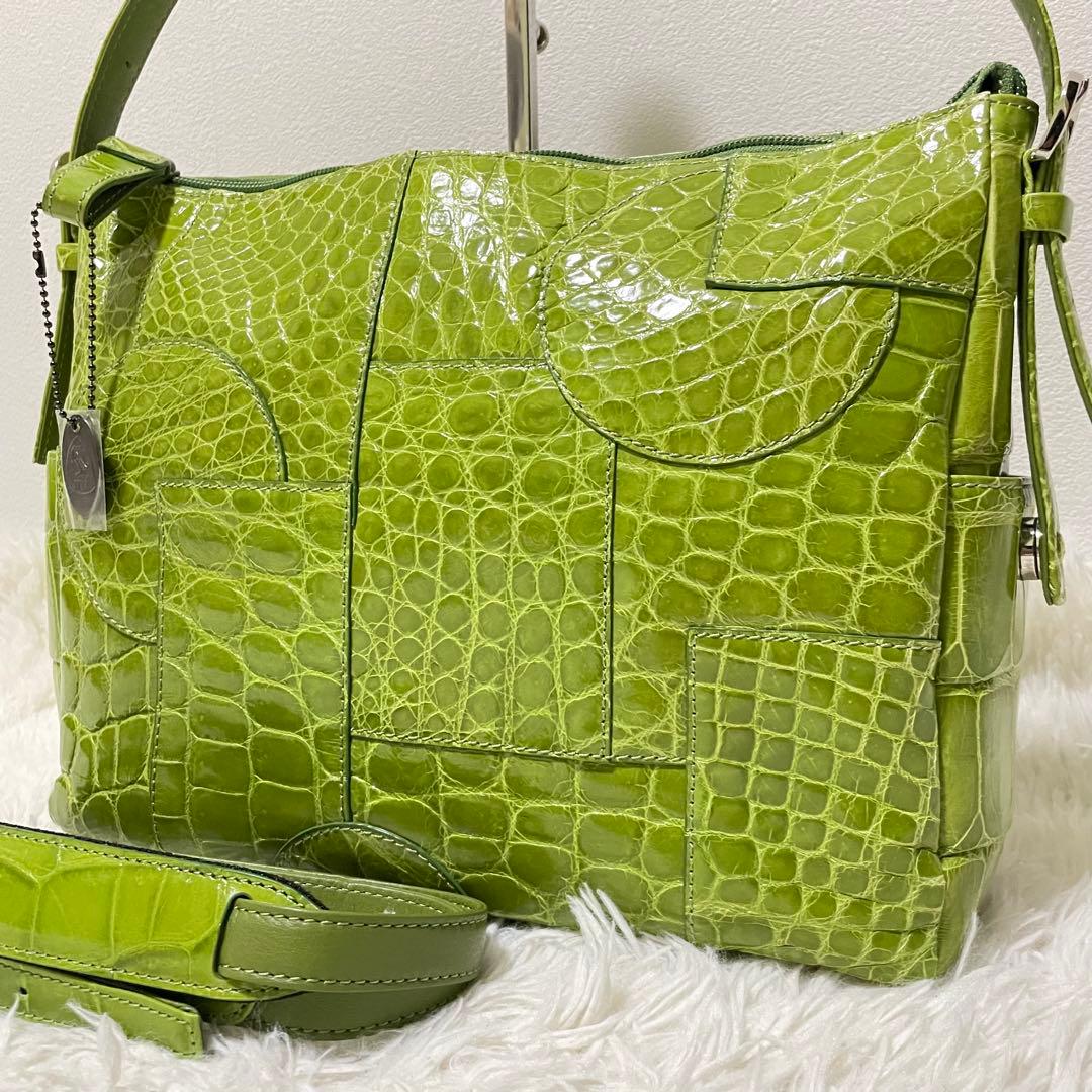 極美品/希少色　JRA認証　リアルクロコダイル　2wayショルダーバッグ　緑