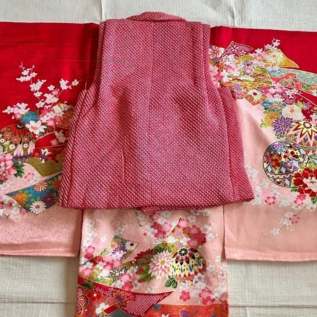 七五三 3歳 フルセット 着物 753 絹 被布 ピンク 三歳 赤 草履
