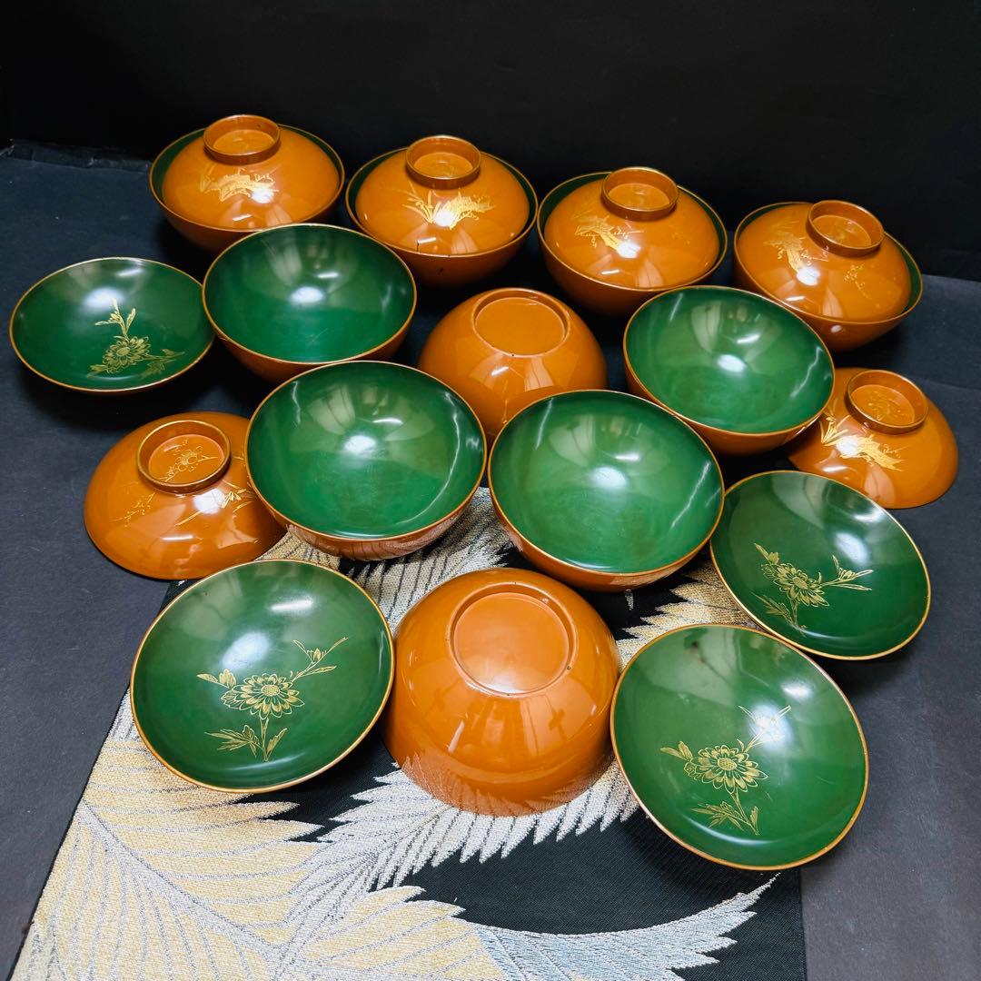 漆器　輪島塗　蒔絵金彩細工　沈金木製　蓋付椀　お煮物椀　吸物椀　10客　骨董品
