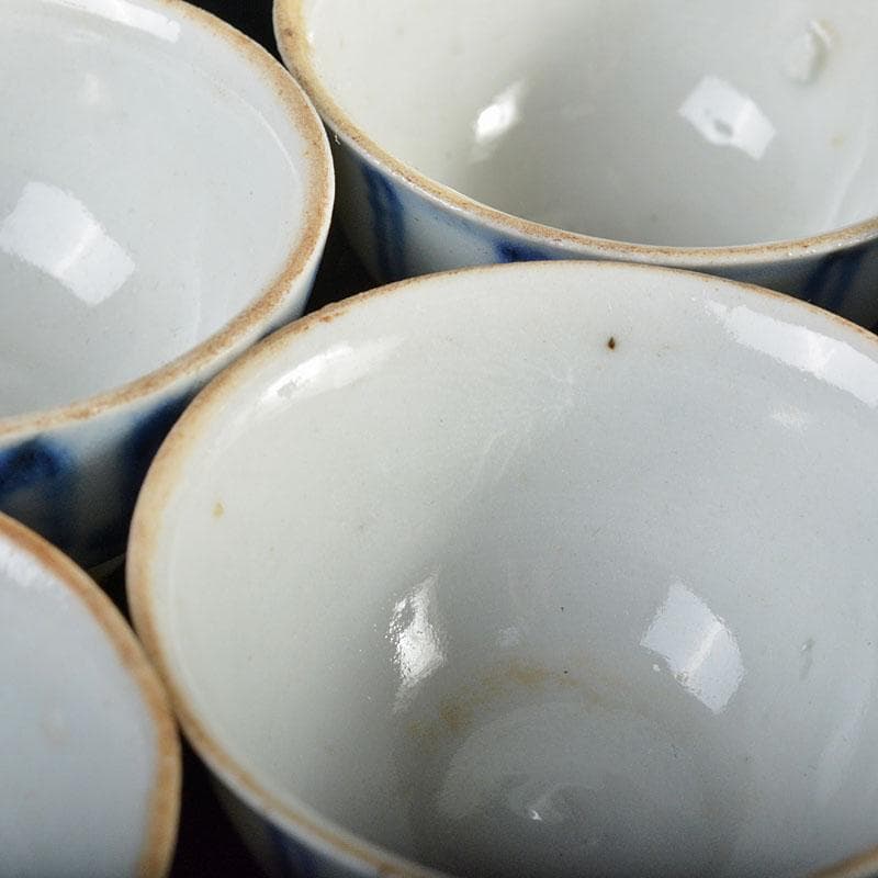 煎茶道具 南京染付 線文 茶杯 ぐい呑 五客 時代箱付 古玩 M