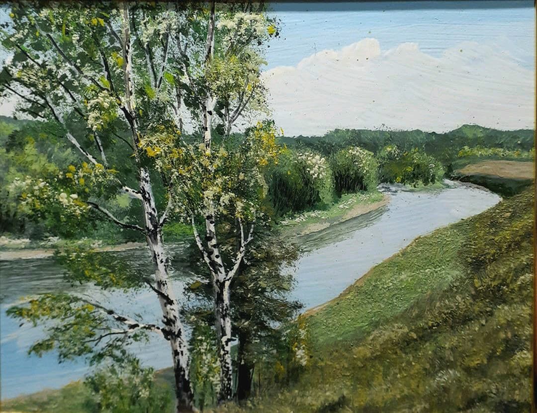 油彩　額装　出身　『ワレンチン　カザチョク』画　夏風景　白樺の木