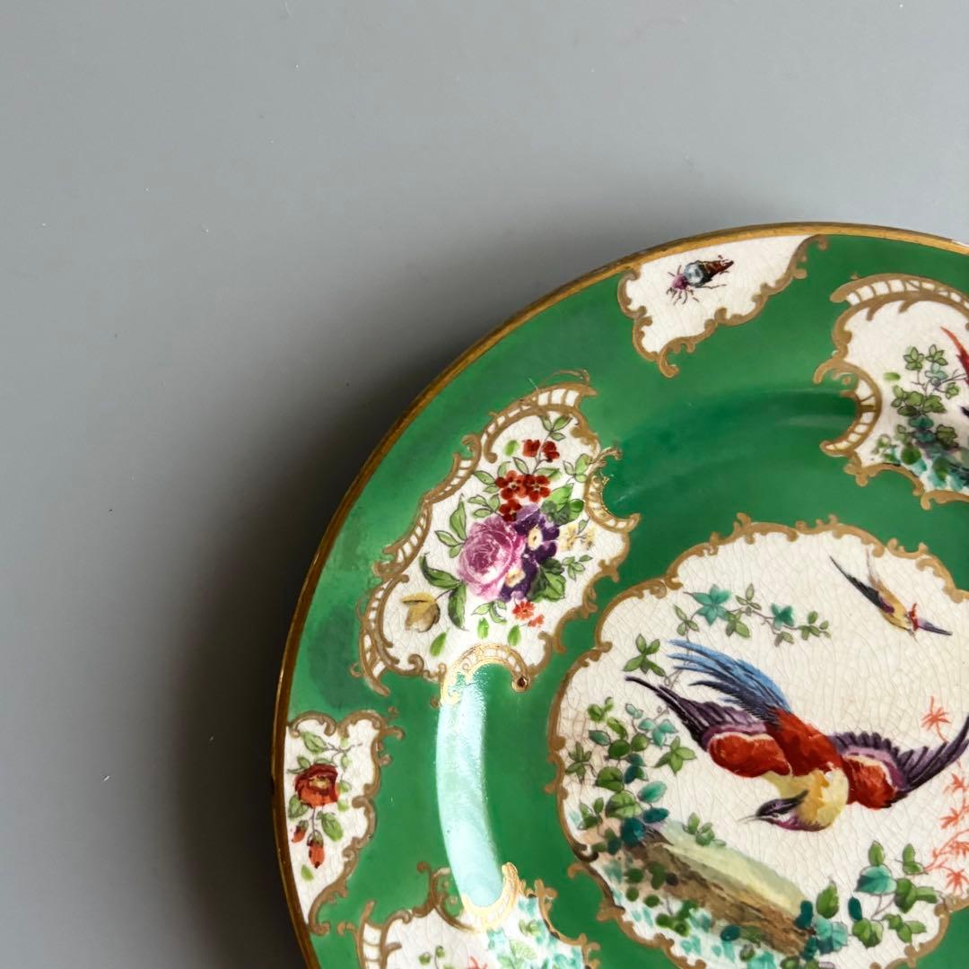英国製アンティーク 1870年代 Booths 鳥絵金彩 緑 プレート【稀少品
