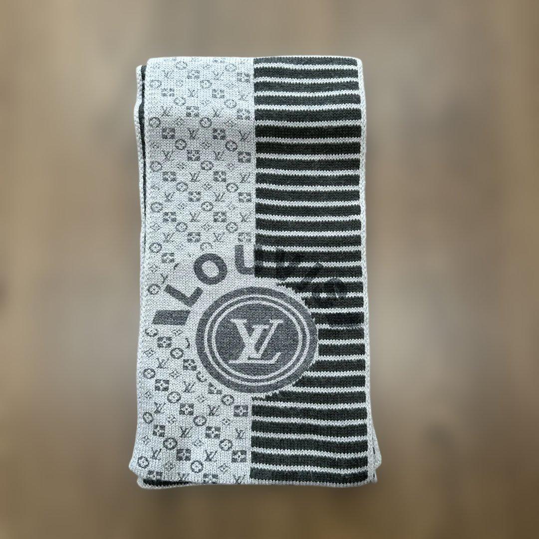 ルイヴィトン マフラー ストール ニット ブラック×グレー 防寒