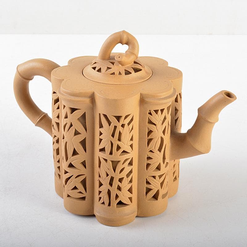 中国 紫砂 黄泥 透かし竹文 急須 茶壷 在銘 C R5825 中国 紫砂