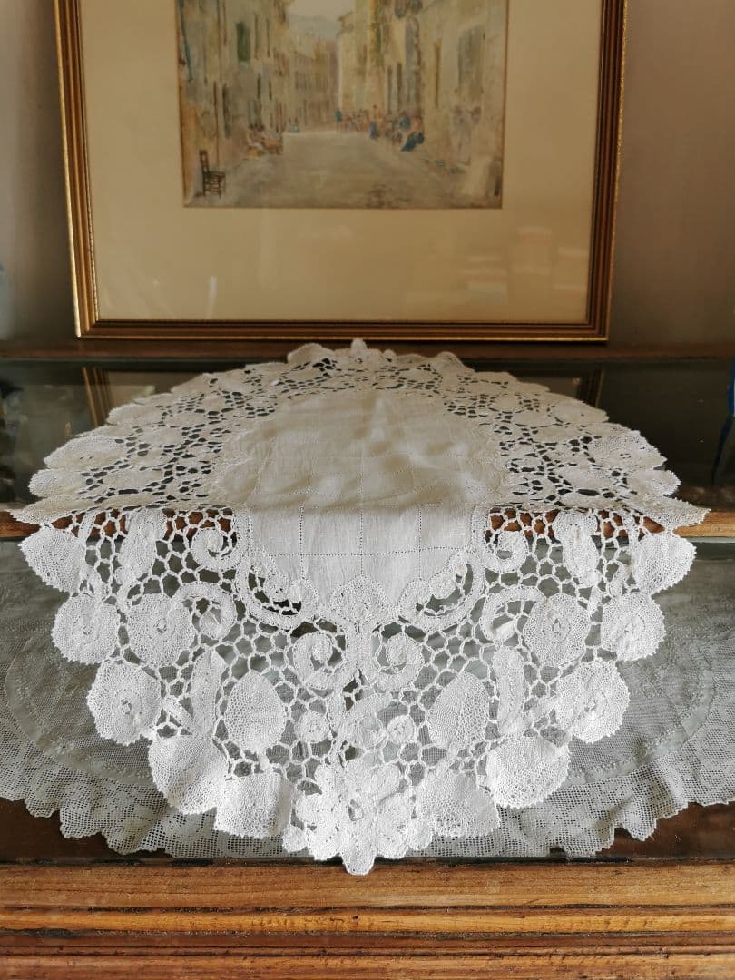 アンティークブルージュ草花紋ボビンレース ラージオーバル梯子刺繍