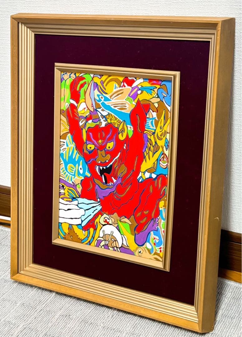 F4号】手描き油彩 ジミー大西【鬼】1998年 サイン 落款 額縁 人気作品
