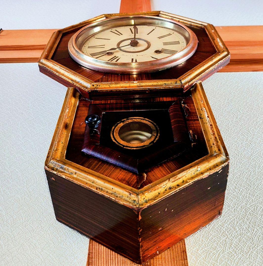 〈OH済完動・美品〉高野時計製造所旗印　金箔八角ゼンマイ振り子時計　アンティーク