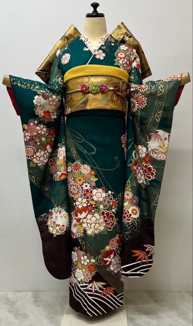 振り袖 フルセット 長襦袢付 成人式 グリーン 金彩加工 刺繍入り 744
