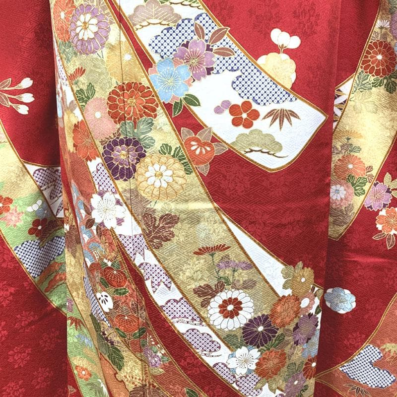 506z6〇京都きもの友禅 高身長な方 振袖 地紋 金彩 金駒刺繍 赤