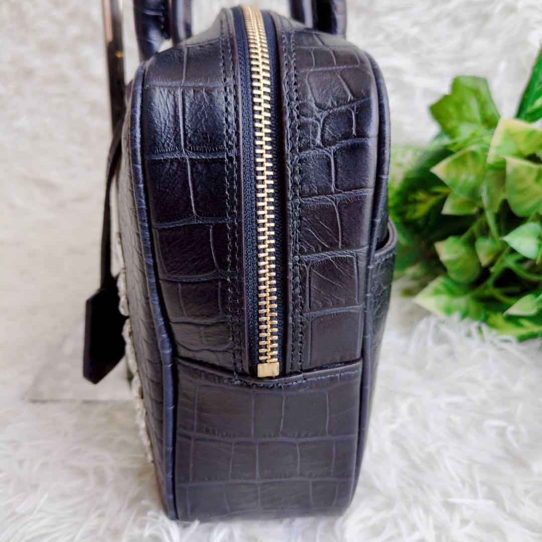 ◾︎極美品◾︎ A.D.M.J ハンドバッグ ミニボストン クロコ型押し ビジュー