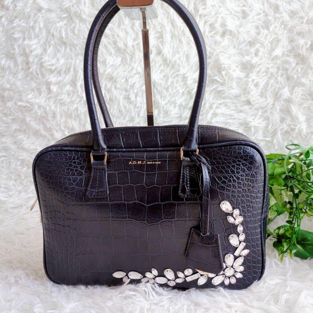 ◾︎極美品◾︎ A.D.M.J ハンドバッグ ミニボストン クロコ型押し ビジュー