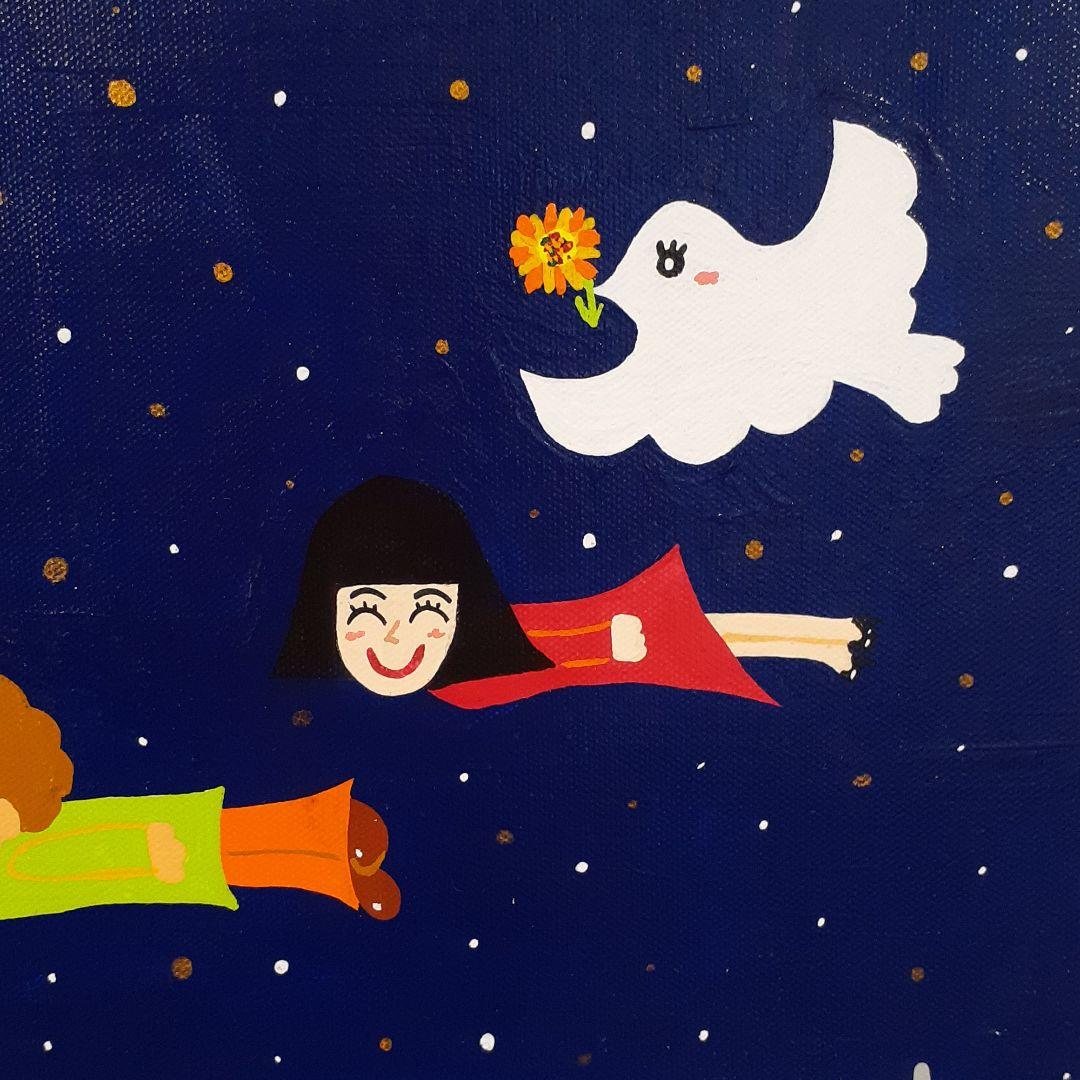 夢の中で　月とカップル　ドイツベルリン　画家　小楠アキコ作品　F4号 キャンバス