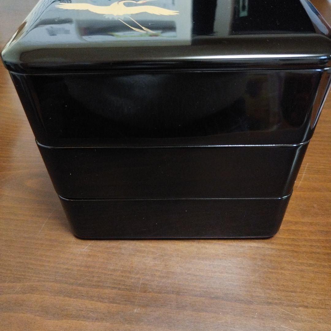 会津塗 漆塗 三段重 目黒廣太謹製 黒内朱 鶴 松 鎹入 漆器