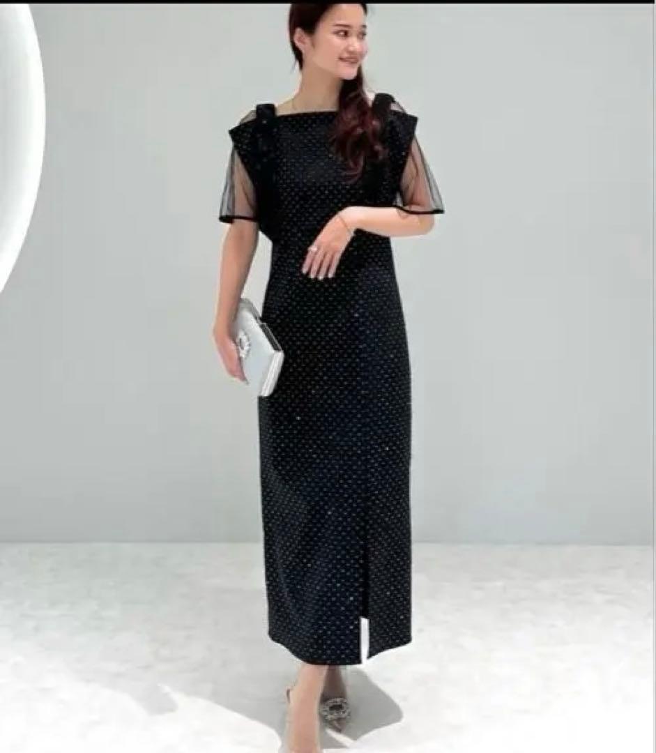 Leja 2WAY花柄リボンドットストーンブラックドレス