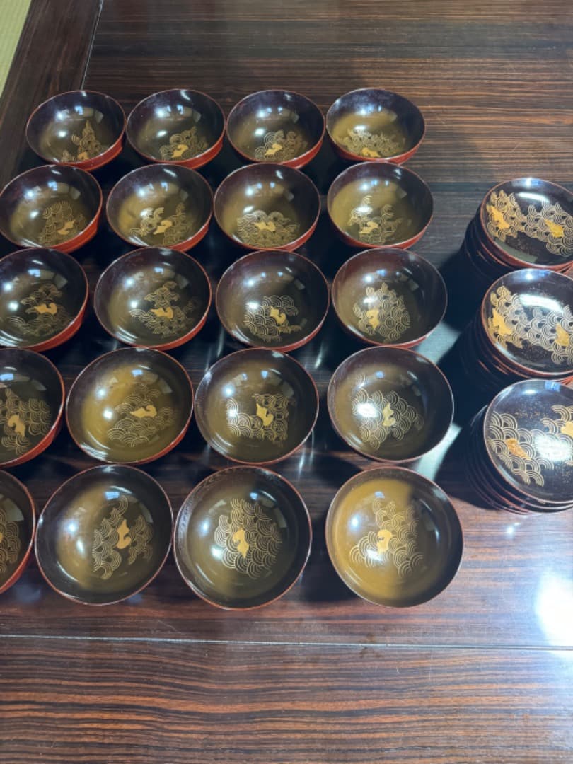 木曽漆器 吸物椀 二十客（蓋付き／江戸後期・手描