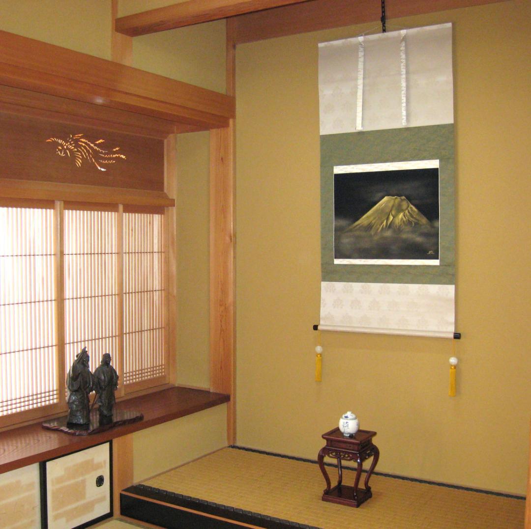【真筆】掛け軸　富士之山◆長島博山　金泥使用 太巻仕様 共箱・タトウ箱付