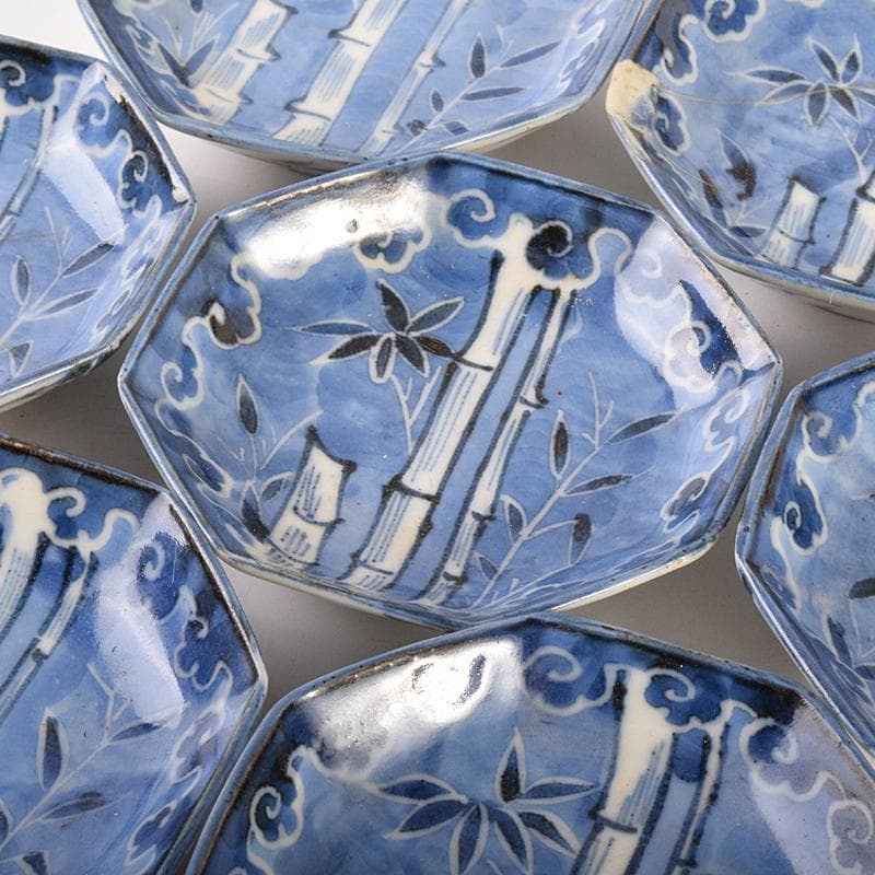 伊万里焼 古伊万里 染付 竹文 八角小皿 七客 時代箱付 C